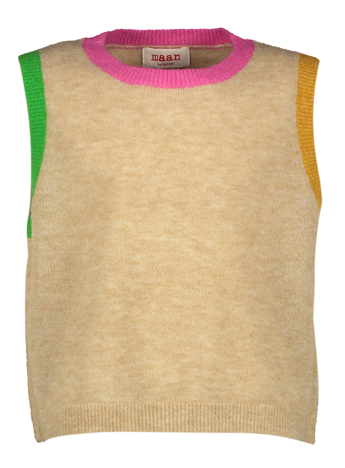 Beige wollen debardeur met gekleurde boorden Petra Maan