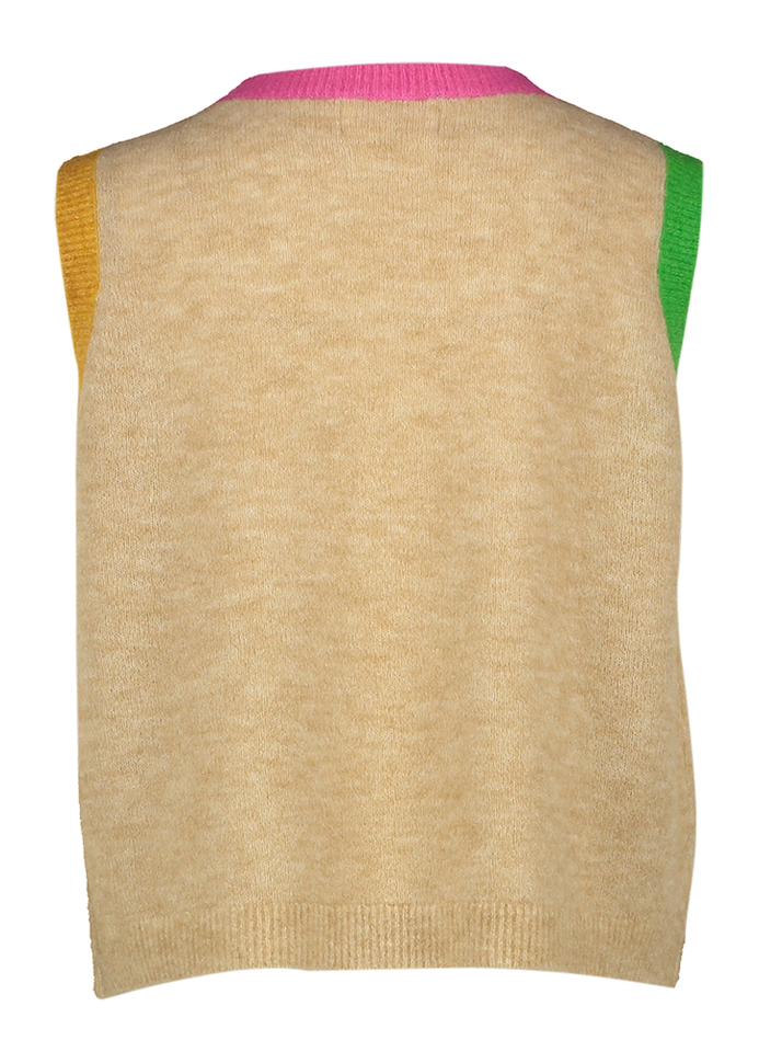 Beige wollen debardeur met gekleurde boorden Petra Maan