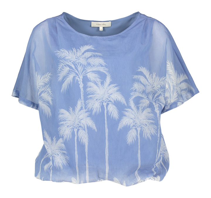 Blauwe bloes met palmbomen print en elastiek onderaan Marie Mero 