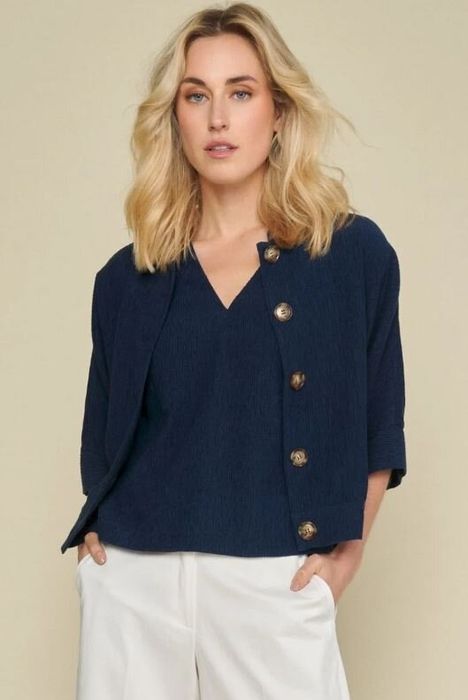 Donkerblauwe fijne vest met bruine knopen Marie Maro