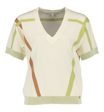Cream+olive gestreepte pull met v-hals marie Méro 