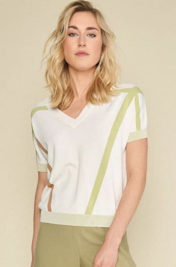 Cream+olive gestreepte pull met v-hals marie Méro 
