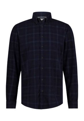 State of Art Donkerblauw geruit hemd in ribfluweel (regular fit) met lange mouwen