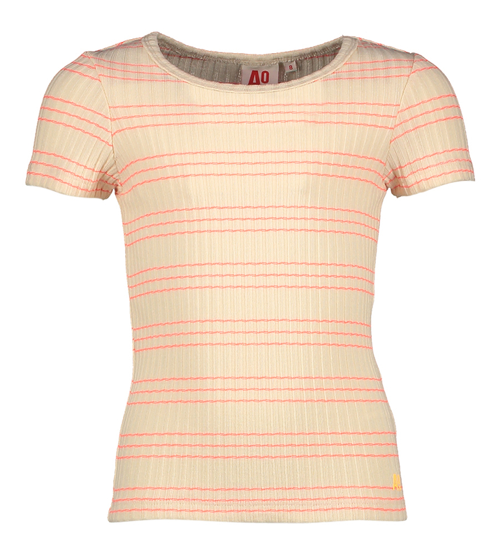 Beige aansluitende t-shirt met fluo strepen AO76