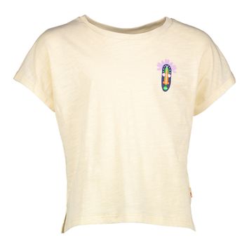 Ecru katoenen t-shirt met kleurrijke print op de achterkant AO76