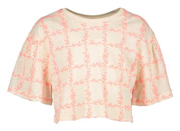 Beige katoenen cropped t-shirt met fluo print AO76