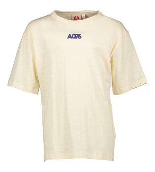 AO76 Ecru katoenen t-shirt met kleurrijke opdruk op de achterkant