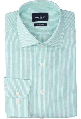 Hackett Groen en wit gestreept linnen hemd (slim fit) met lange mouwen