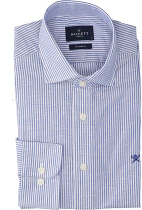 Hackett Blauw en wit gestreept linnen hemd (slim fit) met lange mouwen
