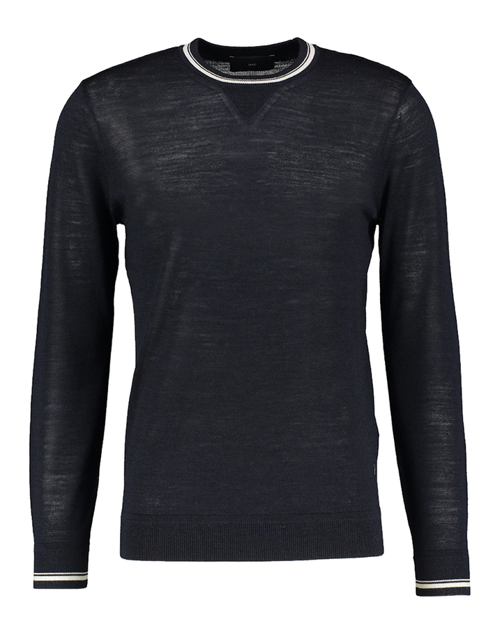 Blauwe dunne wollen trui met witte boord Liu Jo