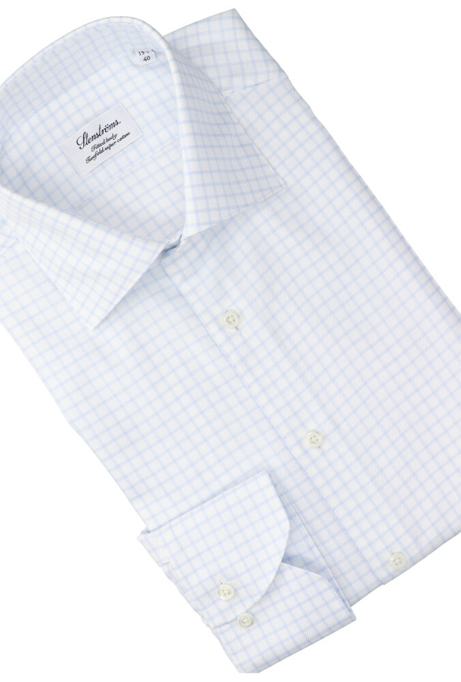 Wit katoenen hemd (comfort fit) met blauwe ruiten en lange mouwen Stenströms 