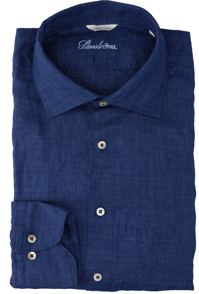 Jeansblauw linnen hemd (regular fit) met lange mouwen Stenströms 