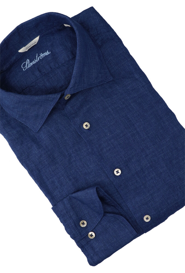 Jeansblauw linnen hemd (regular fit) met lange mouwen Stenströms 