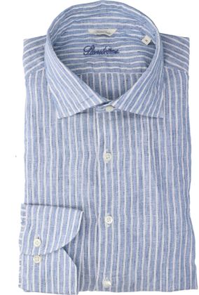 Stenströms Blauw en wit gestreept linnen hemd (slim fit) met lange mouwen