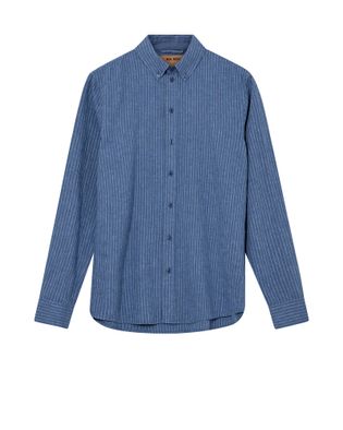 Mos Mosh Blauw gestreept katoen en linnen hemd