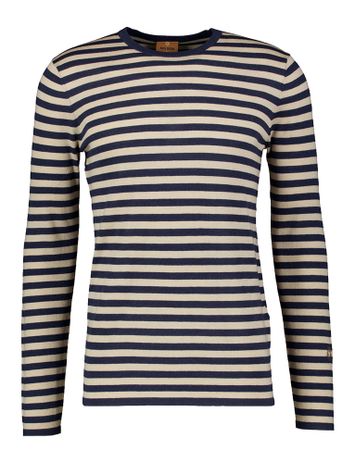 Donkerblauw en beige gestreepte lichte wollen pull met ronde hals Mos Mosh