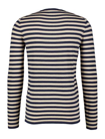 Donkerblauw en beige gestreepte lichte wollen pull met ronde hals Mos Mosh