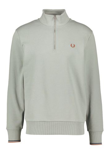 Blauw groene trui met opstaande kraag en korte rits Fred Perry 