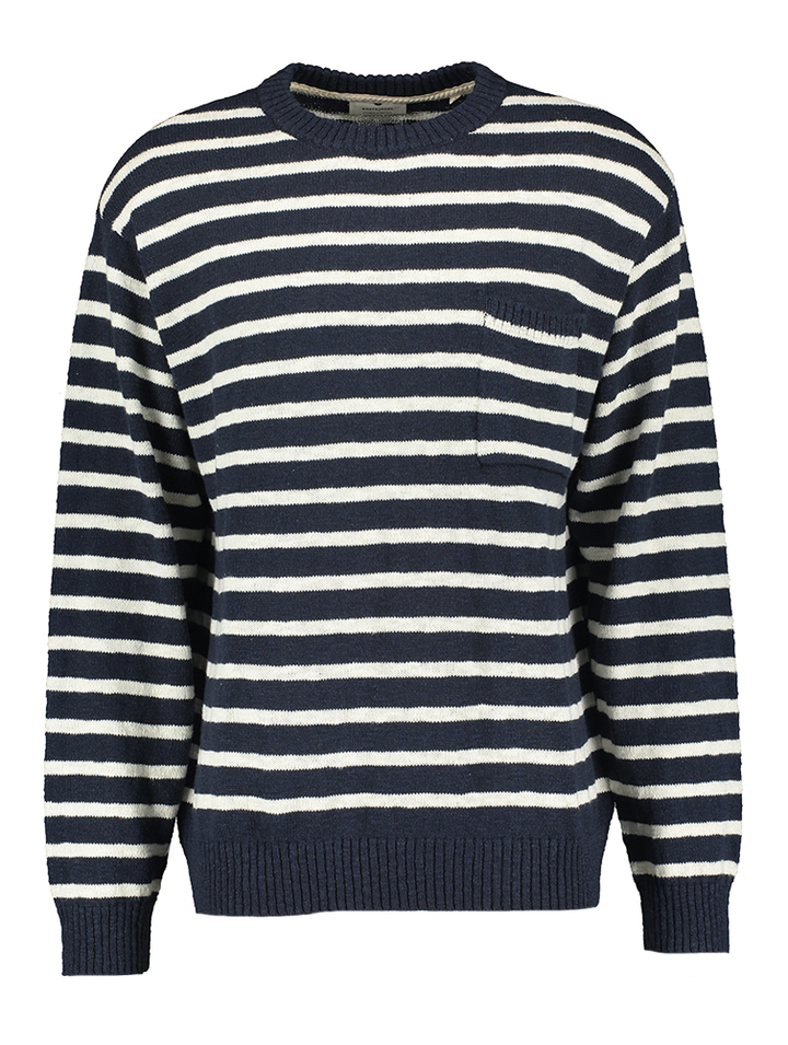 Donkerblauw en wit gestreepte katoenen pull met ronde hals Anerkjendt