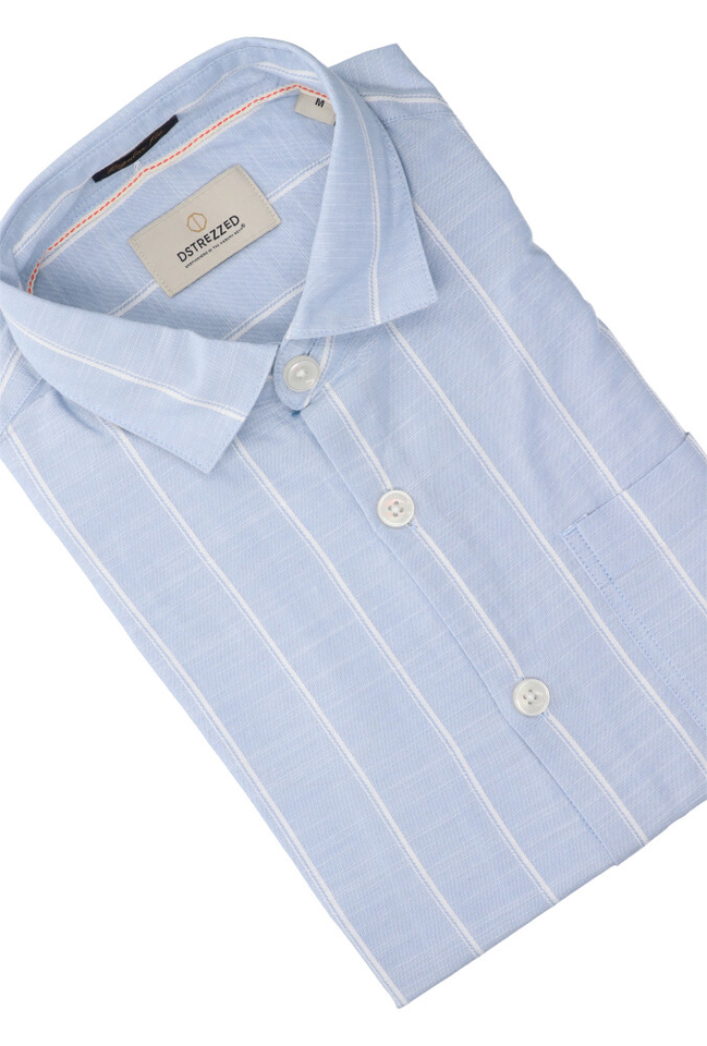 Lichtblauw linnen hemd (regular fit) met strepen en lange mouwen Dstrezzed 