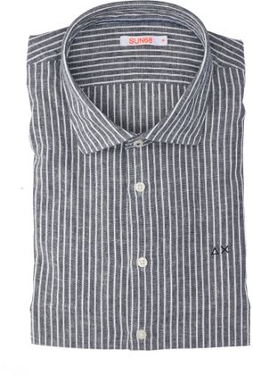 Sun68 Blauw linnen hemd (slim fit) met strepen en lange mouwen Sun 68