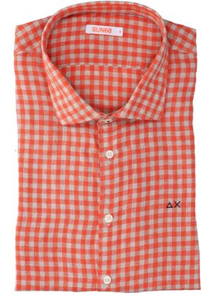 Sun68 Oranje en beige linnen hemd in dambordpatroon (regular fit) met lange mouwen