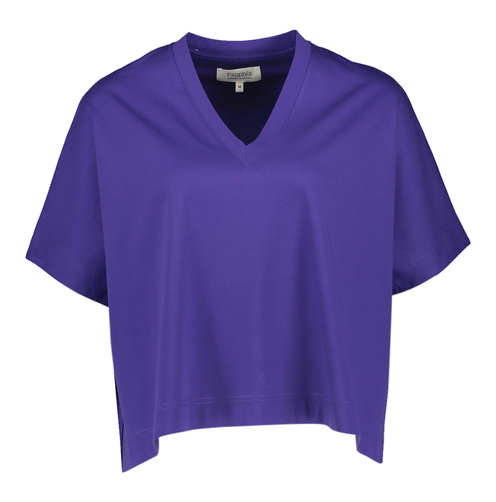 Kobaltblauwe katoenen t-shirt met V-hals en korte mouwen Psophia