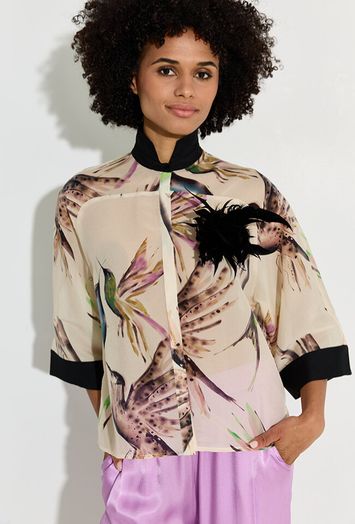 Beige blouse met multicolor vogelprint Psophia