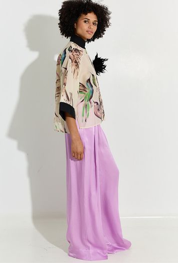 Beige blouse met multicolor vogelprint Psophia