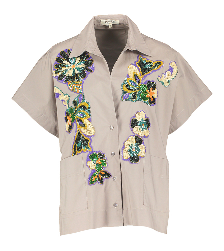 Grijze bloes met bloemenprint in pailetten Psophia