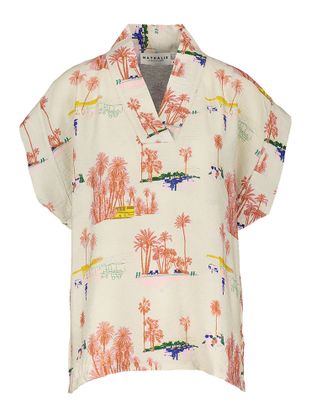 Nathalie Vleeschouwer Beige bloes met v-hals en palmbomen