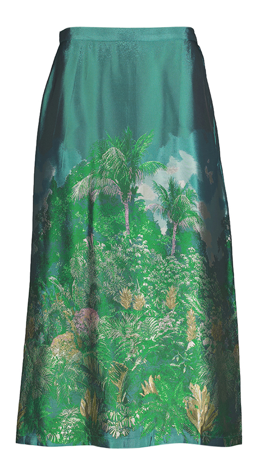Groene glanzende rok met bloemenprint Emmanuel Nathalie Vleeschouwer 
