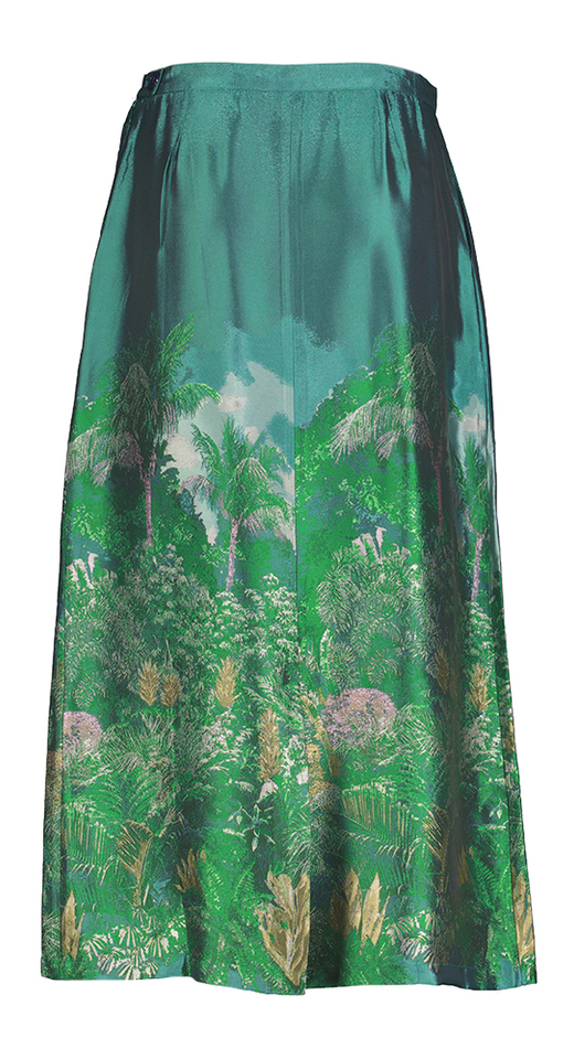 Groene glanzende rok met bloemenprint Emmanuel Nathalie Vleeschouwer 