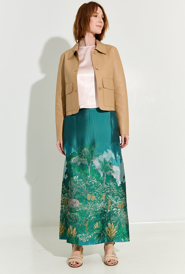 Groene glanzende rok met bloemenprint Emmanuel Nathalie Vleeschouwer 