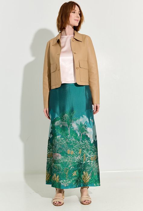 Groene glanzende rok met bloemenprint Emmanuel Nathalie Vleeschouwer