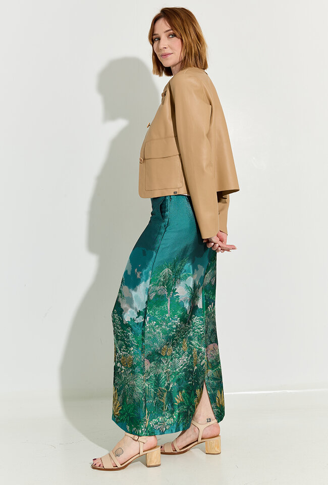 Groene glanzende rok met bloemenprint Emmanuel Nathalie Vleeschouwer 