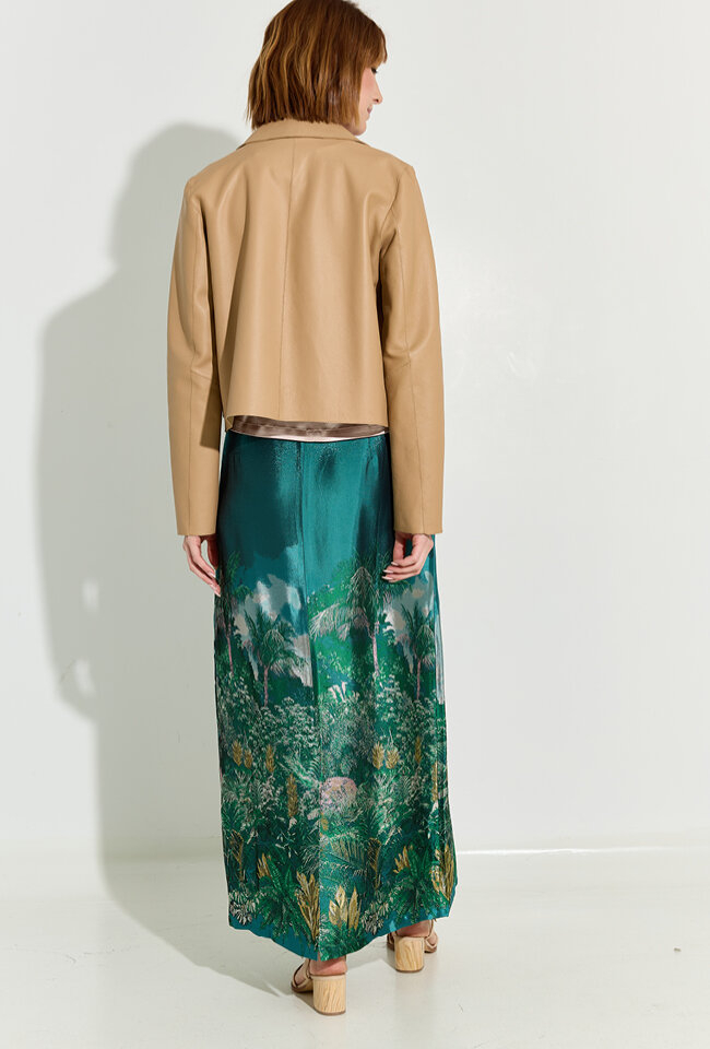 Groene glanzende rok met bloemenprint Emmanuel Nathalie Vleeschouwer 