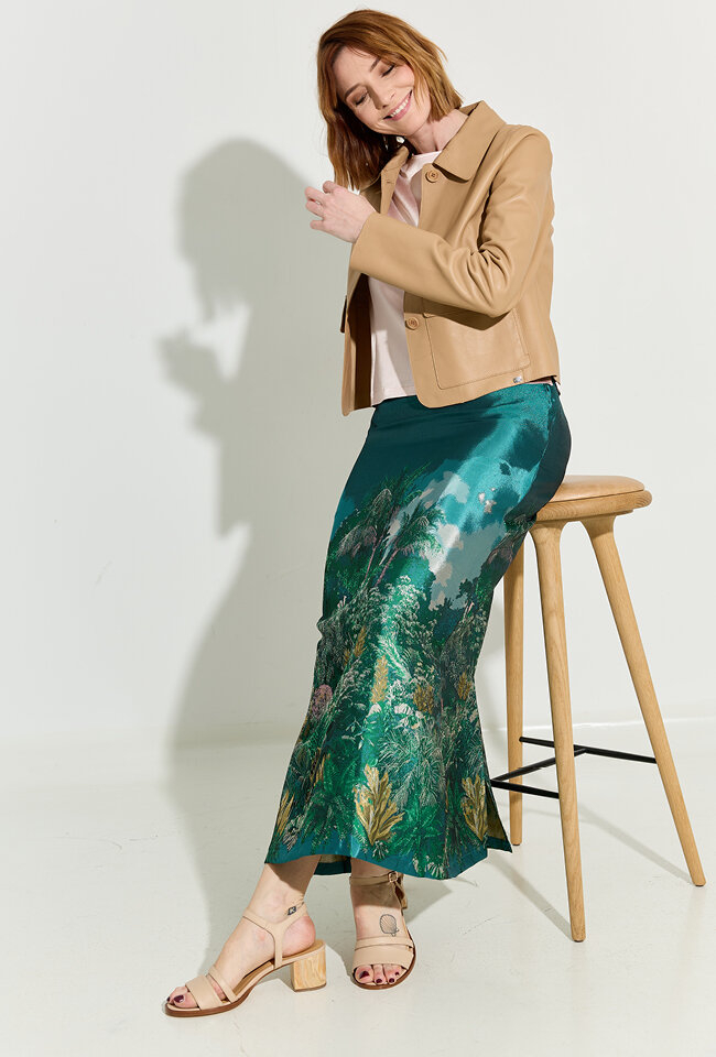 Groene glanzende rok met bloemenprint Emmanuel Nathalie Vleeschouwer 