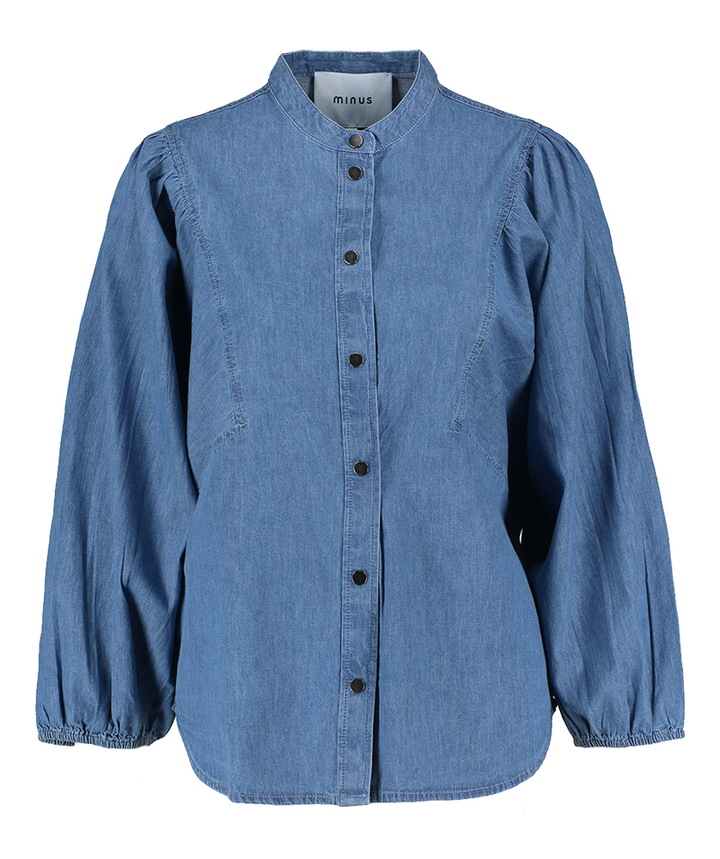 Blauwe bloes met pofmouw in jeanslook Jasmene Minus
