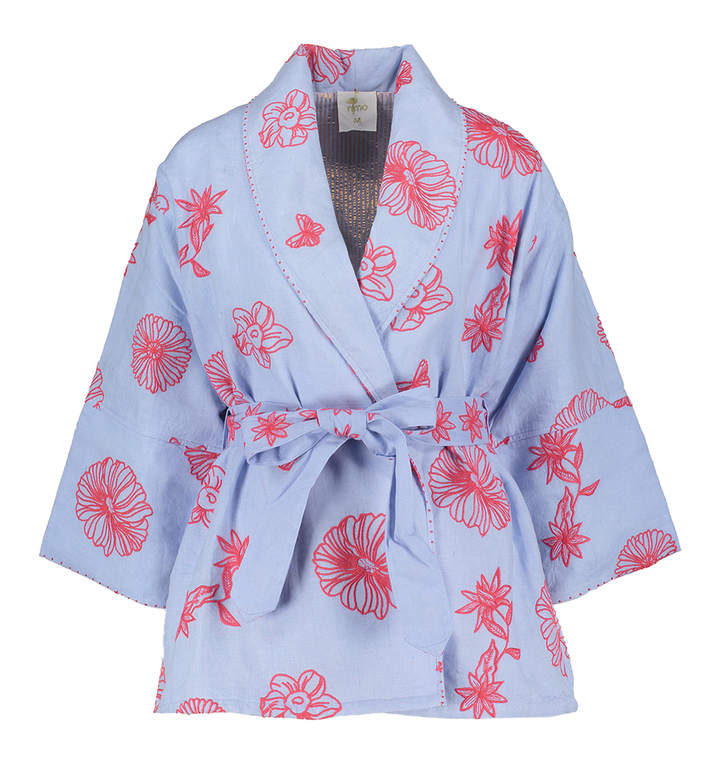 Lavendelblauwe kimono met roodkleurige print Nutmeg Nimo With Love