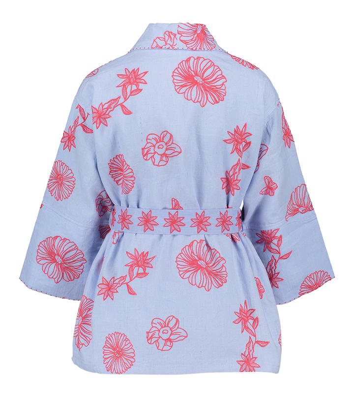 Lavendelblauwe kimono met roodkleurige print Nutmeg Nimo With Love