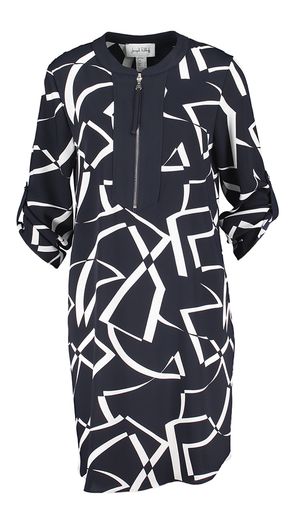Donkerblauwe jurk met witte print en korte rits Joseph Ribkoff