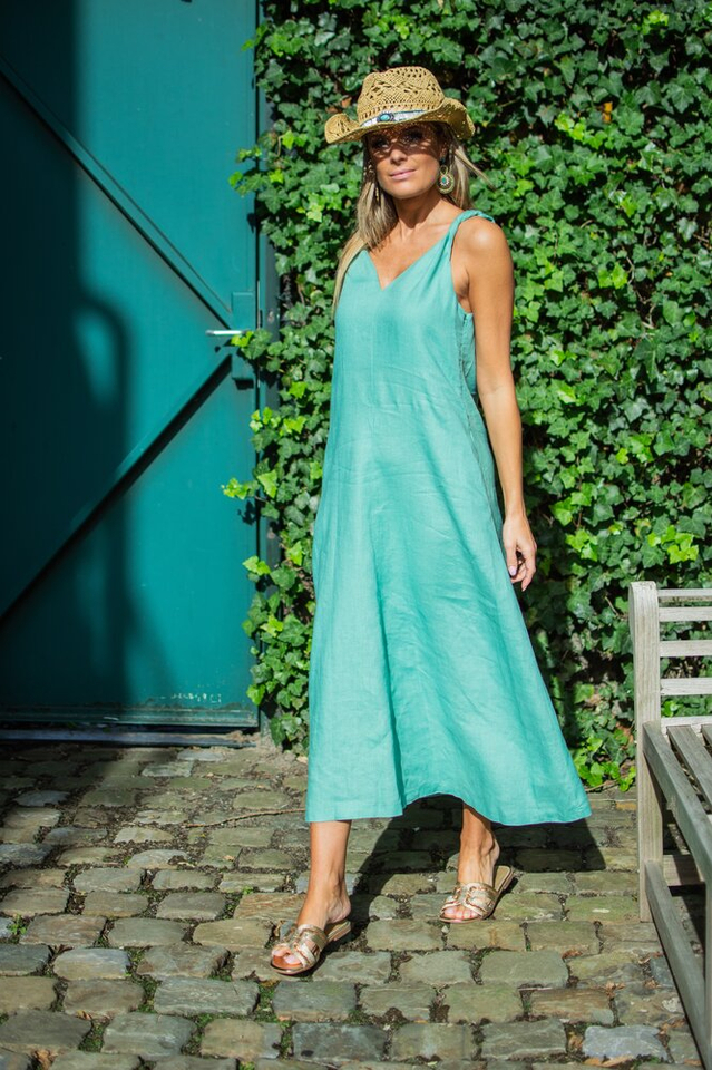 Groene lange linnen zomerjurk met zakken La Camicia