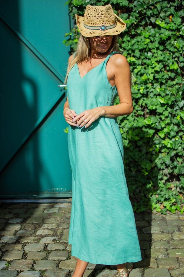 Groene lange linnen zomerjurk met zakken La Camicia