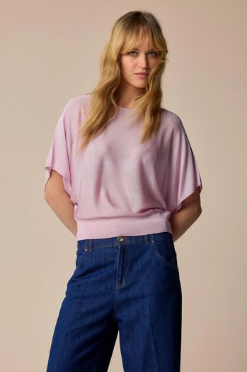 Lichtroze glanzende pull met boothals en vlindermouwen Karla Kocca