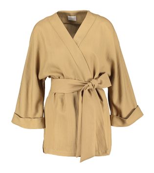Due Amanti Donkerbeige openvallende vest met lint in taille Siviglia