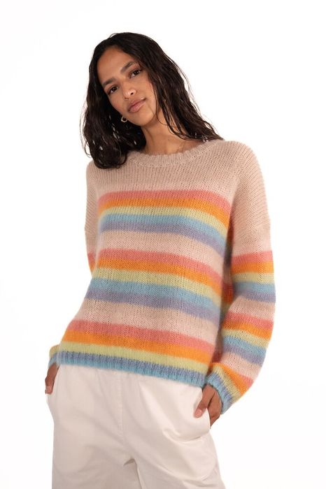 Beige gebreide trui met gekleurde strepen in mohair Massai Jeff