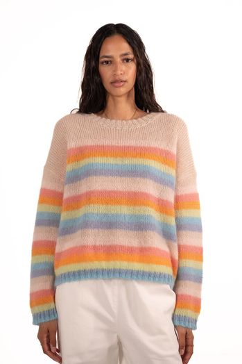 Beige gebreide trui met gekleurde strepen in mohair  Massai Jeff