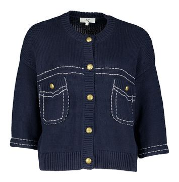 Donkerblauwe katoenen cardigan met witte stikking en gouden knopen Charli Jeff