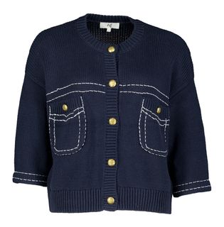 Jeff Donkerblauwe katoenen cardigan met witte stikking en gouden knopen Charli
